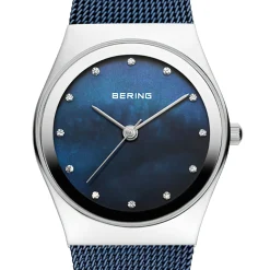 Bering Damen Armbanduhr Classic Silber Glänzend mit Blauem Milanaise-Armband 12927-307