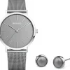 BERING Damen Set mit Analog Quarz Armbanduhr und Ohrringen Grau 13436-309-GWP
