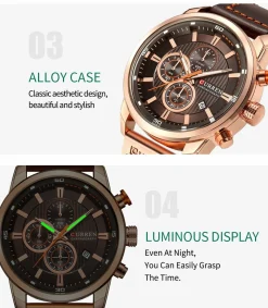 CURREN Men's Dark Brown Chronograph Quartz Watch Waterproof Leather Strap Sports Wristwatch 8291