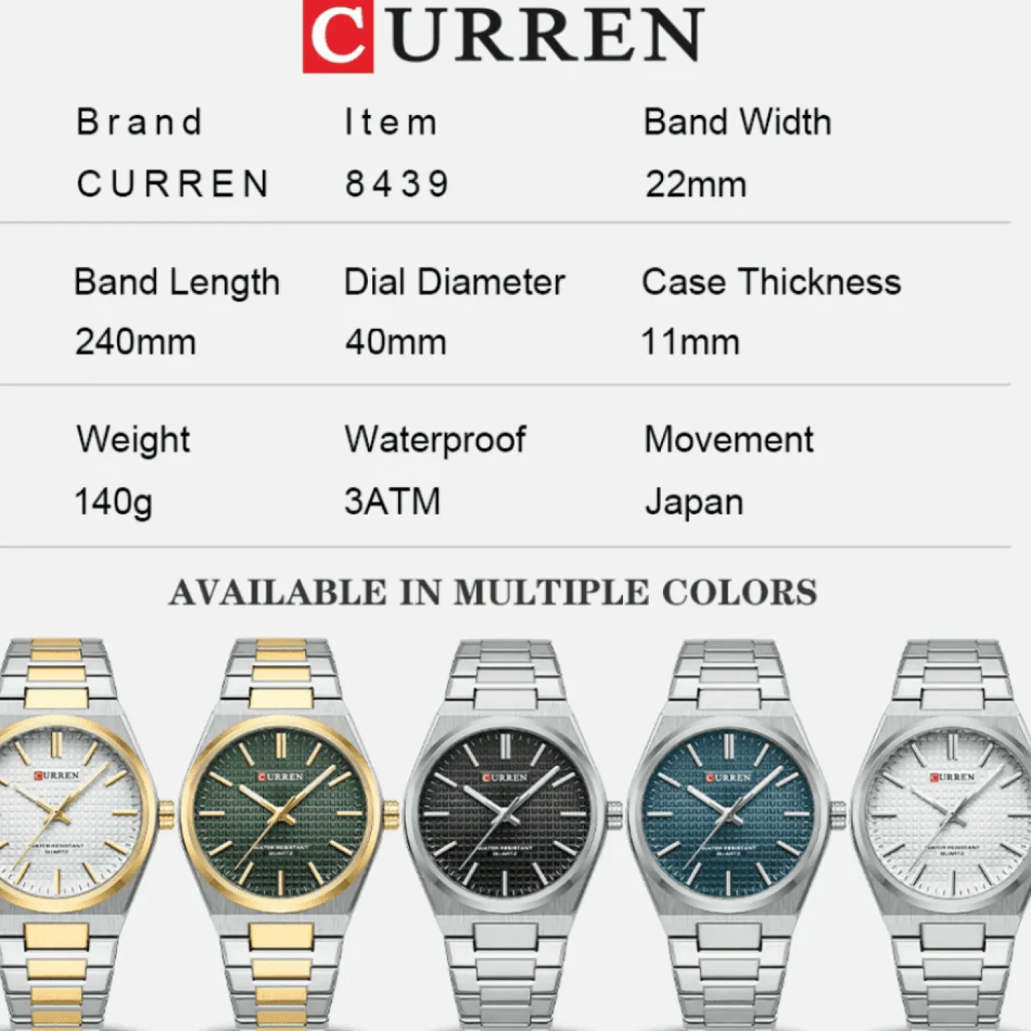 CURREN Men's Quartz Wristwatch with Stainless Steel Strap and Luminous Hands 8439