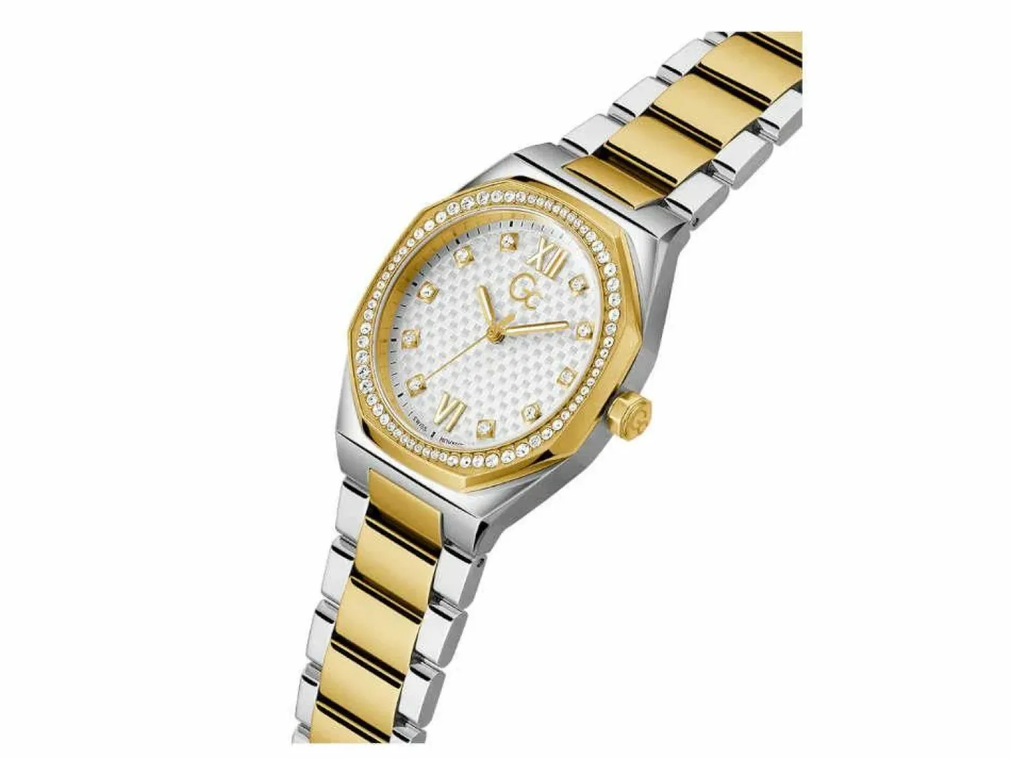 Guess Collection Damen Armbanduhr Coussin Sleek Mid Size Metall Silber Gelbgold Z25002L1MF