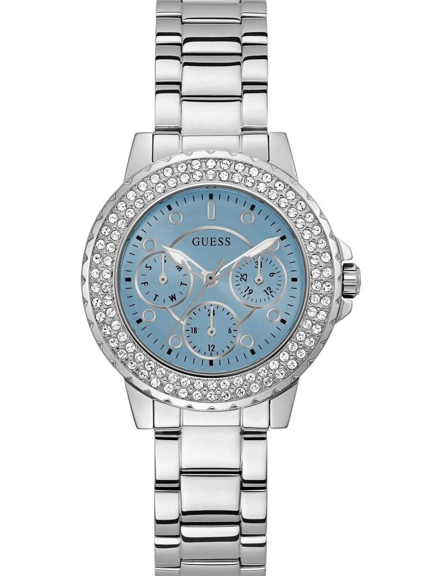 Guess Damen Armbanduhr Crown Jewel 36 mm Strasssteine auf dem Gehäuse Armband Edelstahl GW0410L1