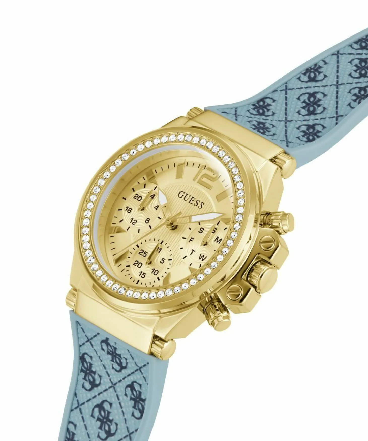 Guess Damen Multifunkion Armbanduhr CHARISMA hellblau, gold 38 mm GW0699L1
