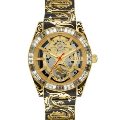 Guess Herren Armbanduhr DRAGON Drachenmuster-Armband Gold-Schwarz 42 mm GW0649G1