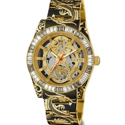 Guess Herren Armbanduhr DRAGON Drachenmuster-Armband Gold-Schwarz 42 mm GW0649G1