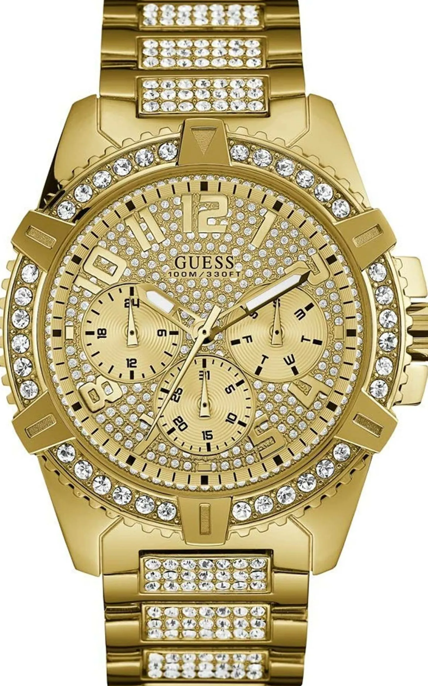 Guess Herren Armbanduhr farbe gold mit strass 48 mm Armband Edelstahl FRONTIER W0799G2