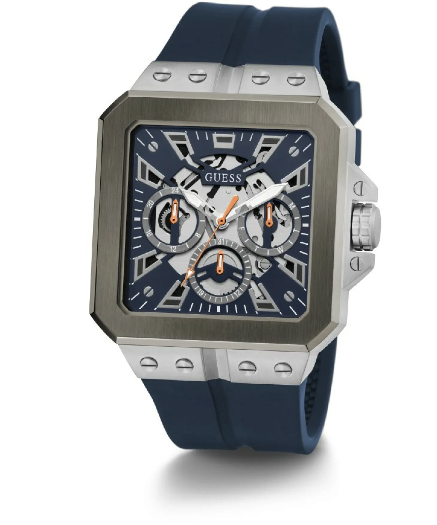 Guess Herren Armbanduhr Multifunktionsuhr Skeleton Leo blau, silber GW0637G1