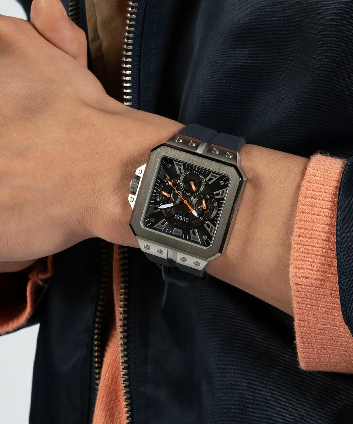 Guess Herren Armbanduhr Multifunktionsuhr Skeleton Leo blau, silber GW0637G1