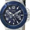 Guess Herren Armbanduhr Multifunktion Rigor Lederarmband blau W0040G7