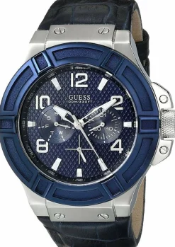 Guess Herren Armbanduhr Multifunktion Rigor Lederarmband blau W0040G7