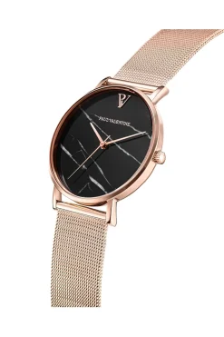 Paul Valentine Damen Armbanduhr BLACK MARBLE ROSE GOLD MESH 36 MM PV36911