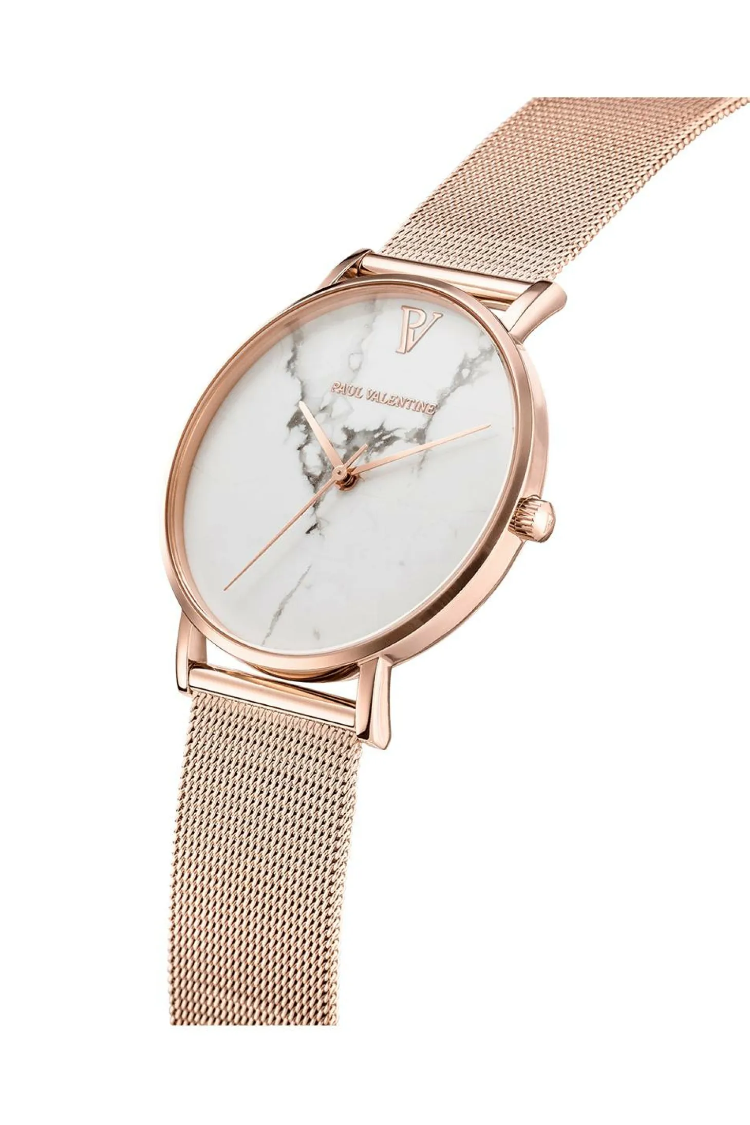 Paul Valentine Damen Armbanduhr WHITE MARBLE ROSE GOLD MESH 38 MM PV381011