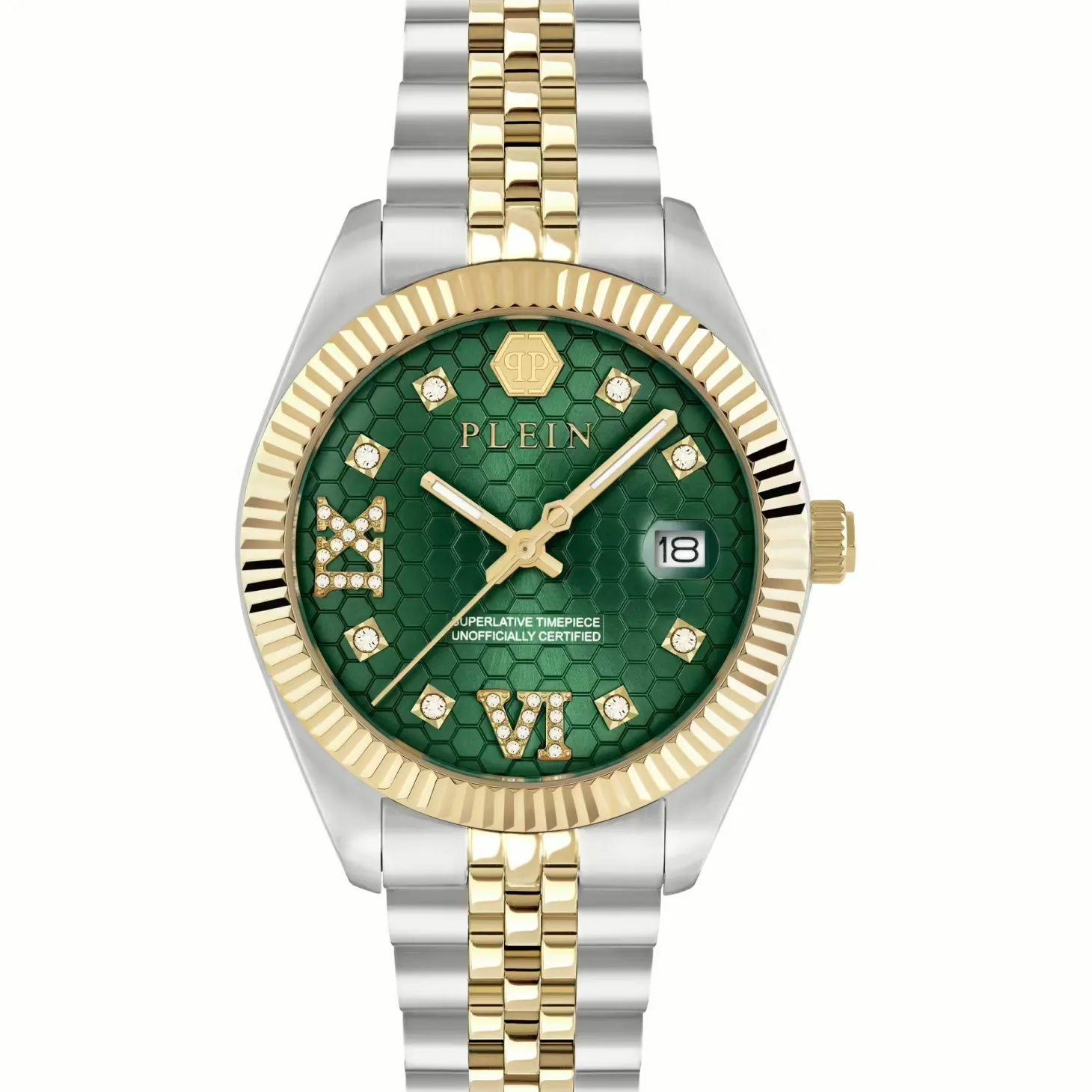 Philipp Plein Damenuhr Date Superlative Crystal PWYFA0225 34 mm Gold/Grün Edelstahl