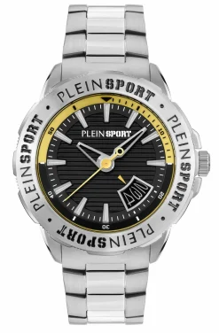 Plein Sport Herren Uhr mit umtauschbaren Armband RAMPAGE PSGDA0524 Silber‑Grau Edelstahl Schwarz/Gelb 44 mm