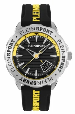 Plein Sport Herren Uhr mit umtauschbaren Armband RAMPAGE PSGDA0524 Silber‑Grau Edelstahl Schwarz/Gelb 44 mm