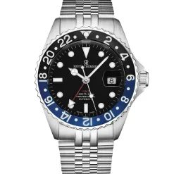 Revue Thommen Herren Schweizer Armbanduhr Taucheruhr GMT - Schwarzes Zifferblatt mit Schwarz-Blauem Lünetten, Automatik, Diver 17572-2233