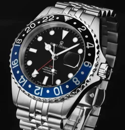 Revue Thommen Herren Schweizer Armbanduhr Taucheruhr GMT - Schwarzes Zifferblatt mit Schwarz-Blauem Lünetten, Automatik, Diver 17572-2233