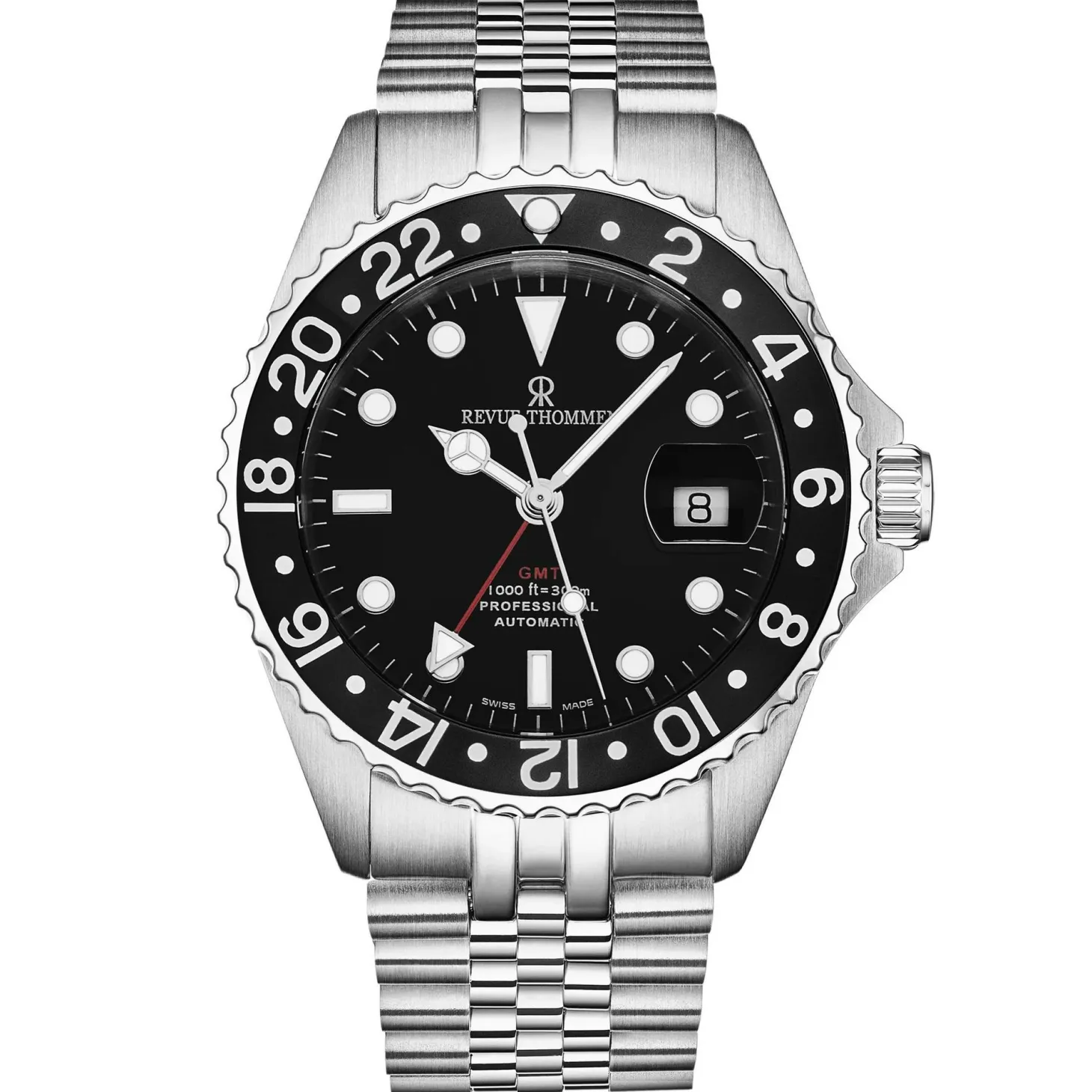 Revue Thommen Schweizer Armbanduhr Diver GMT Automatikuhr für Herren, Schwarz mit Datum, Edelstahl 42 mm 17572.2237