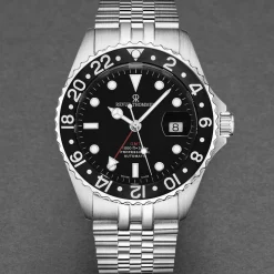 Revue Thommen Schweizer Armbanduhr Diver GMT Automatikuhr für Herren, Schwarz mit Datum, Edelstahl 42 mm 17572.2237