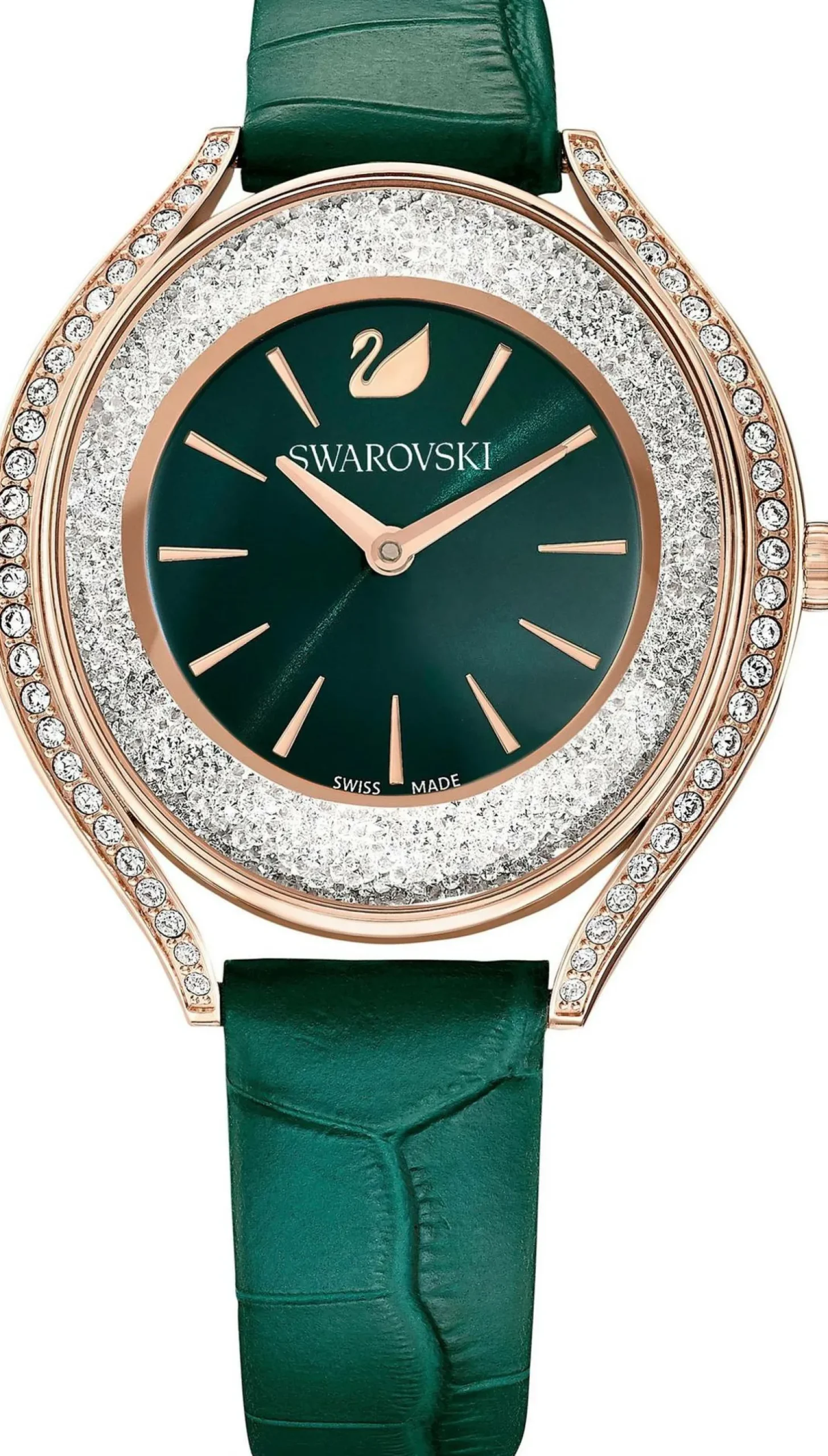 Swarovski Crystalline Aura Uhr, Schweizer Produktion, Lederarmband in Grün mit Roségoldfarbenem Finish, Artikelnummer: 5644078