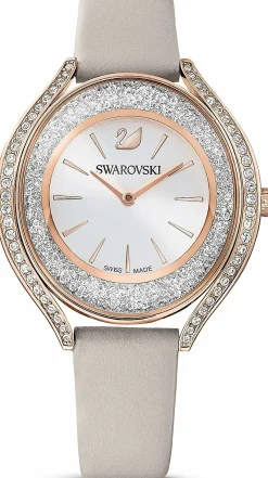 SWAROVSKI Damen Armbanduhr CRYSTALLINE AURA Lederarmband, Grau, Roségoldfarbenes 5519450