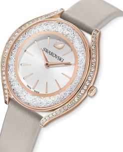 SWAROVSKI Damen Armbanduhr CRYSTALLINE AURA Lederarmband, Grau, Roségoldfarbenes 5519450