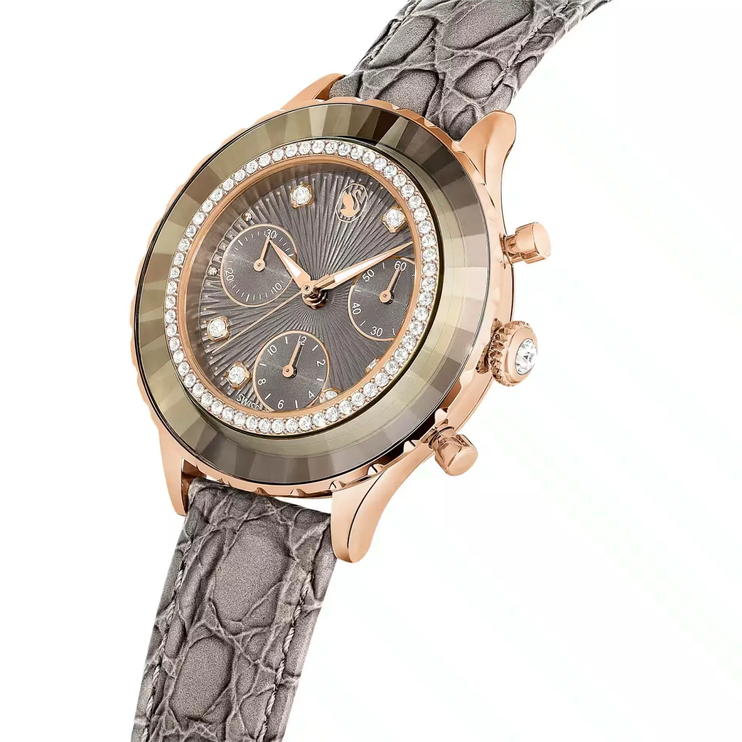 Swarovski Damen Schweizer Chronograph Uhr Octea Chrono Grau Roségold Finish Lederarmband 5671153