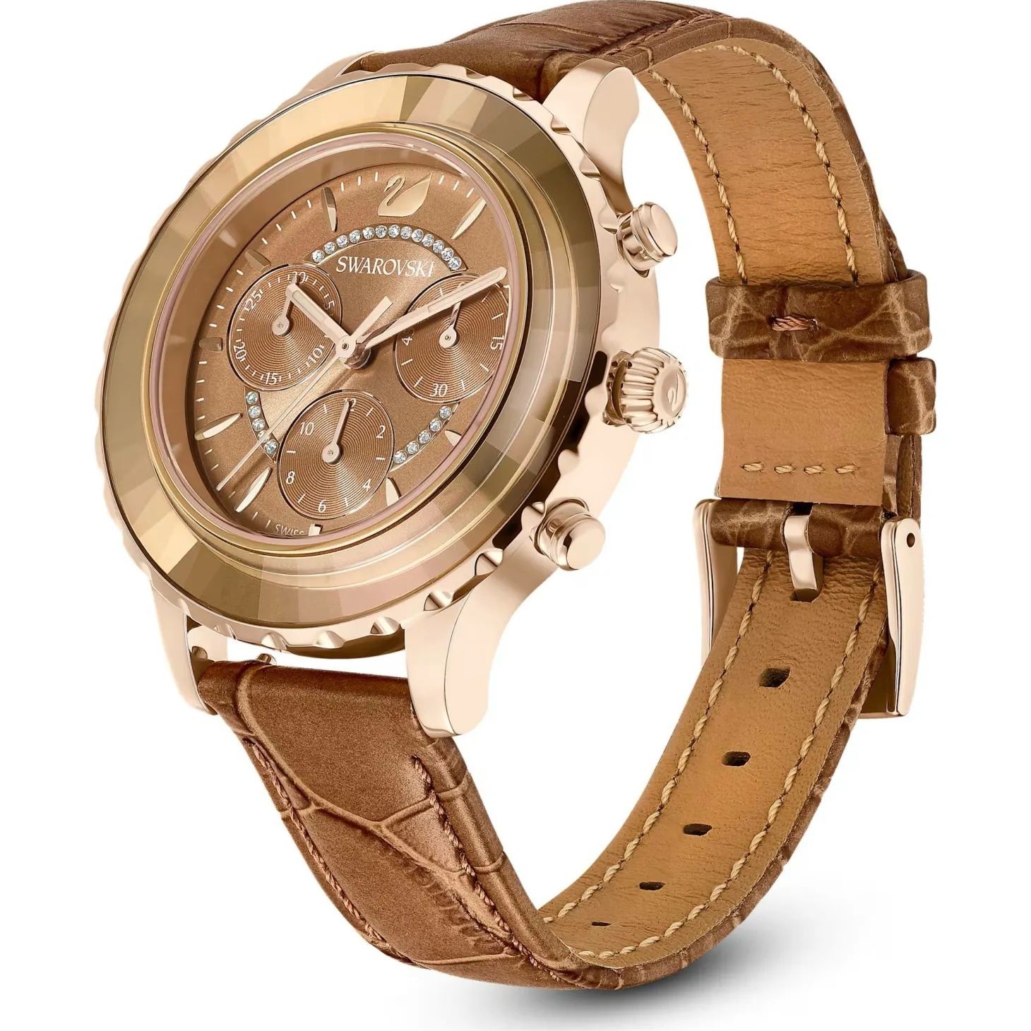 Swarovski Octea Lux Chrono Uhr - Elegantes Lederarmband in Braun mit Vergoldetem Finish 5632260