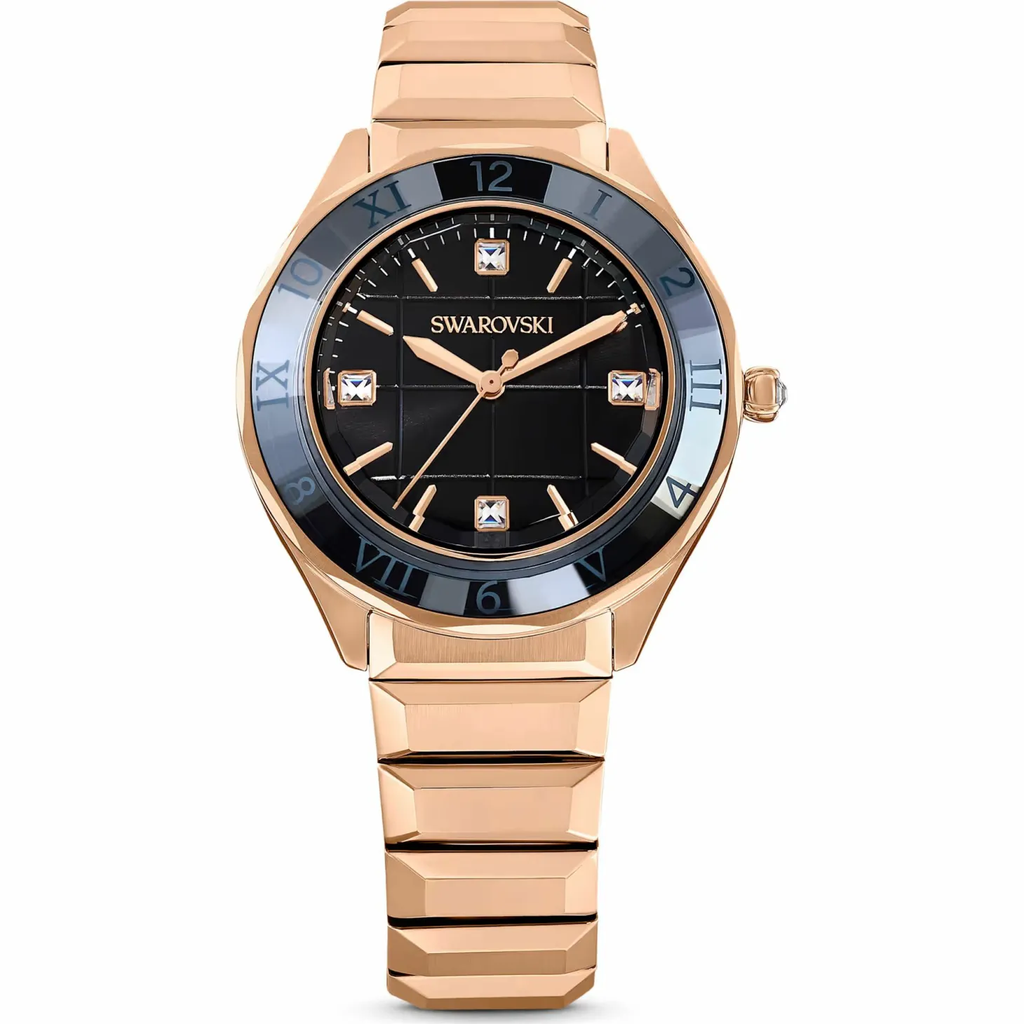 Swarovski Uhr Unisex Dextera 3‑Hand 37 mm Metallarmband Schwarz Roségold‑Plattiert 5641294