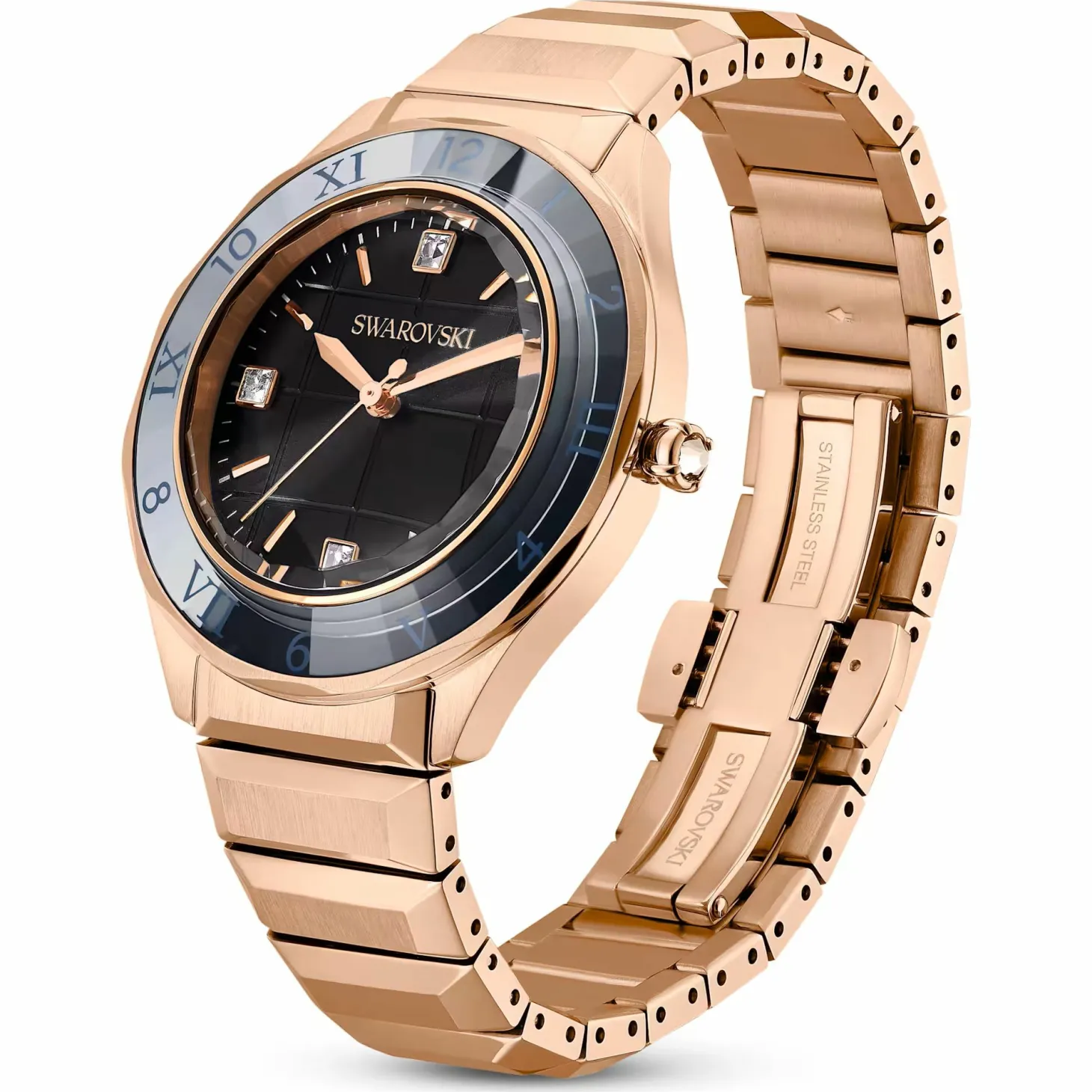 Swarovski Uhr Unisex Dextera 3‑Hand 37 mm Metallarmband Schwarz Roségold‑Plattiert 5641294