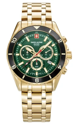 Swiss Alpine Military 7034.9118 Sierra Chrono Herrenuhr - Edelstahlgehäuse in Gold mit grünem Ziffernblatt 7034.9118