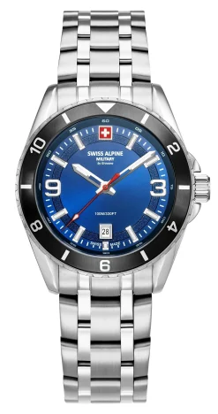 Swiss Alpine Military Herrenuhr Edelstahlarmband, Blaues Zifferblatt, Wasserdicht bis 10 ATM 7034.1136SAM