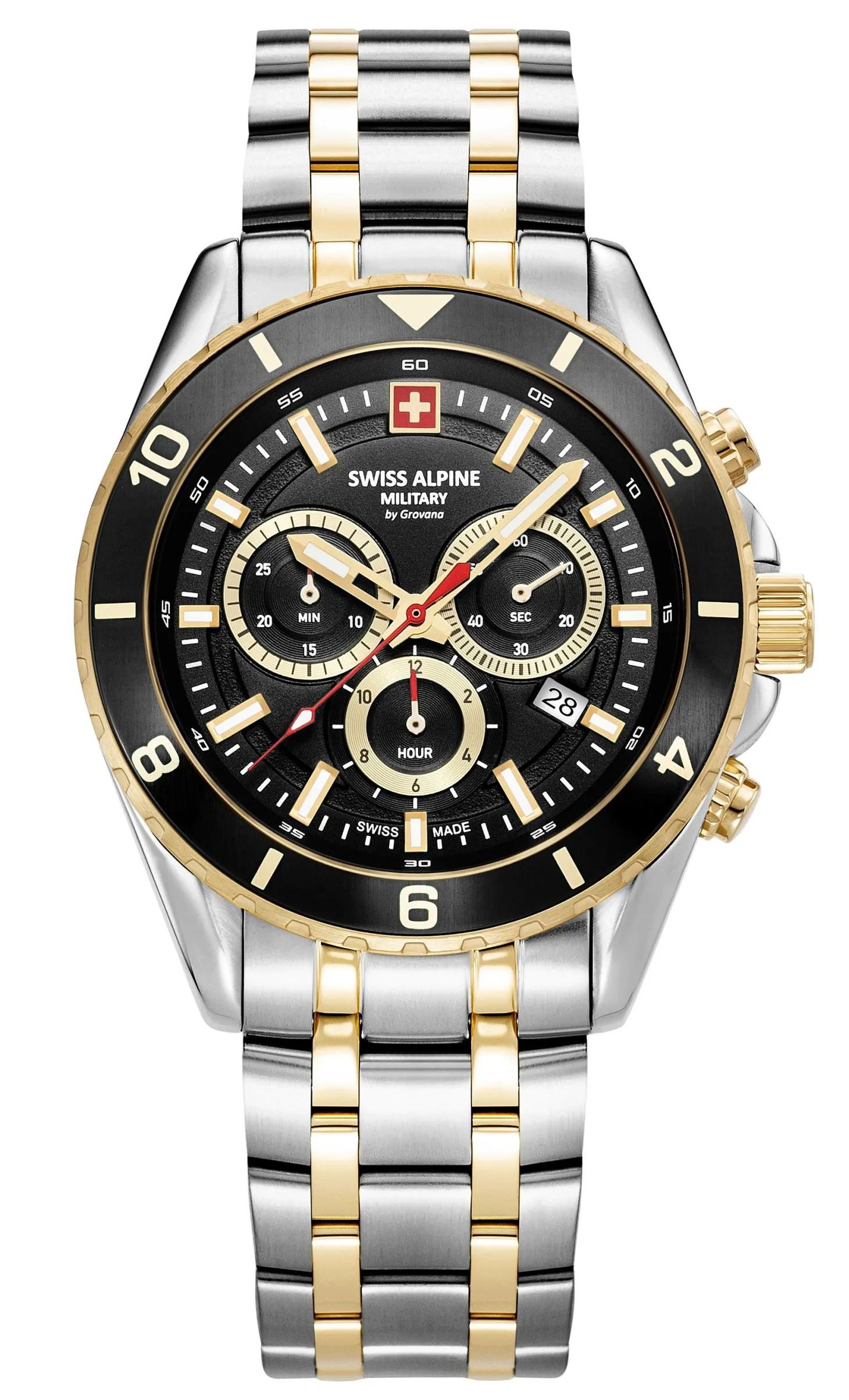 Swiss Alpine Military Herrenuhr Sierra, Chronograph, Edelstahl, Schwarz-silber-gold, Artikelnummer 7034.9147