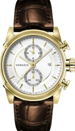 Versace Chrono Urban Herrenuhr Braunes Leder Gold Stahl Zifferblatt 44mm VEV400319