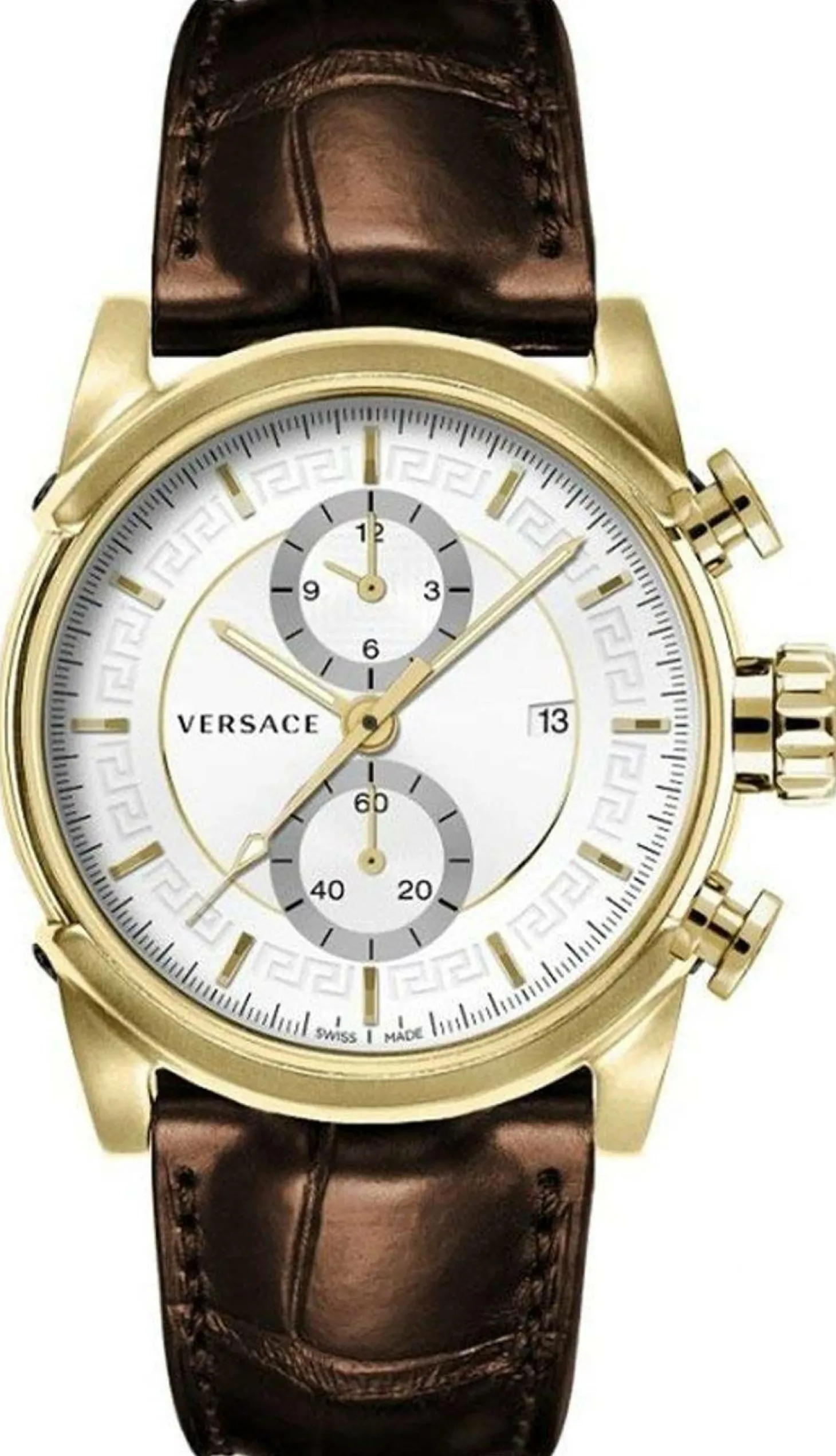 Versace Chrono Urban Herrenuhr Braunes Leder Gold Stahl Zifferblatt 44mm VEV400319