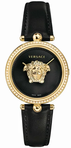 Versace Damenuhr Palazzo Empire Schwarz Leder Gold 68 Diamonds 34mm VECQ00818