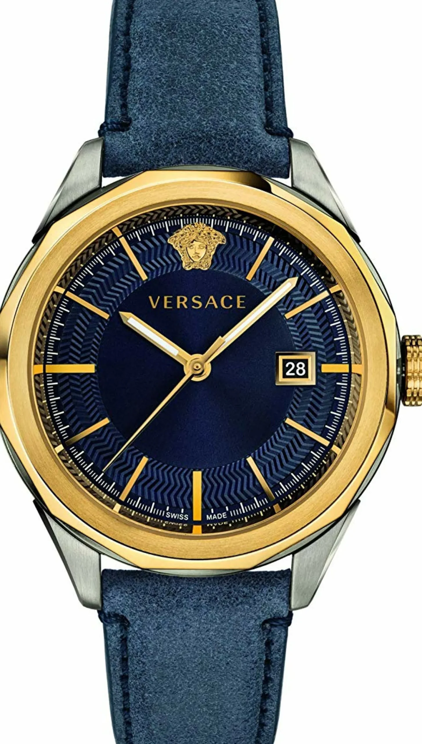 Versace Glaze Herrenuhr Blaues Leder Gold Stahlgehäuse 43mm VERA00218