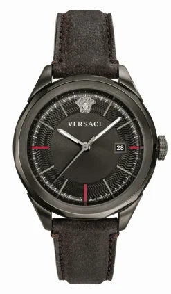 Versace Glaze Herrenuhr Dunkelgrau Braun Leder Silber Stahl 43mm VERA00418