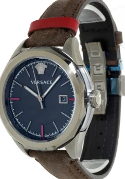 Versace Glaze Herrenuhr Dunkelgrau Braun Leder Silber Stahl 43mm VERA00418