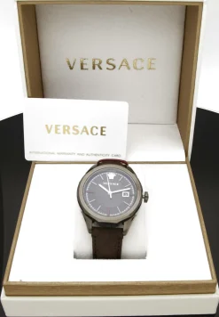 Versace Glaze Herrenuhr Dunkelgrau Braun Leder Silber Stahl 43mm VERA00418