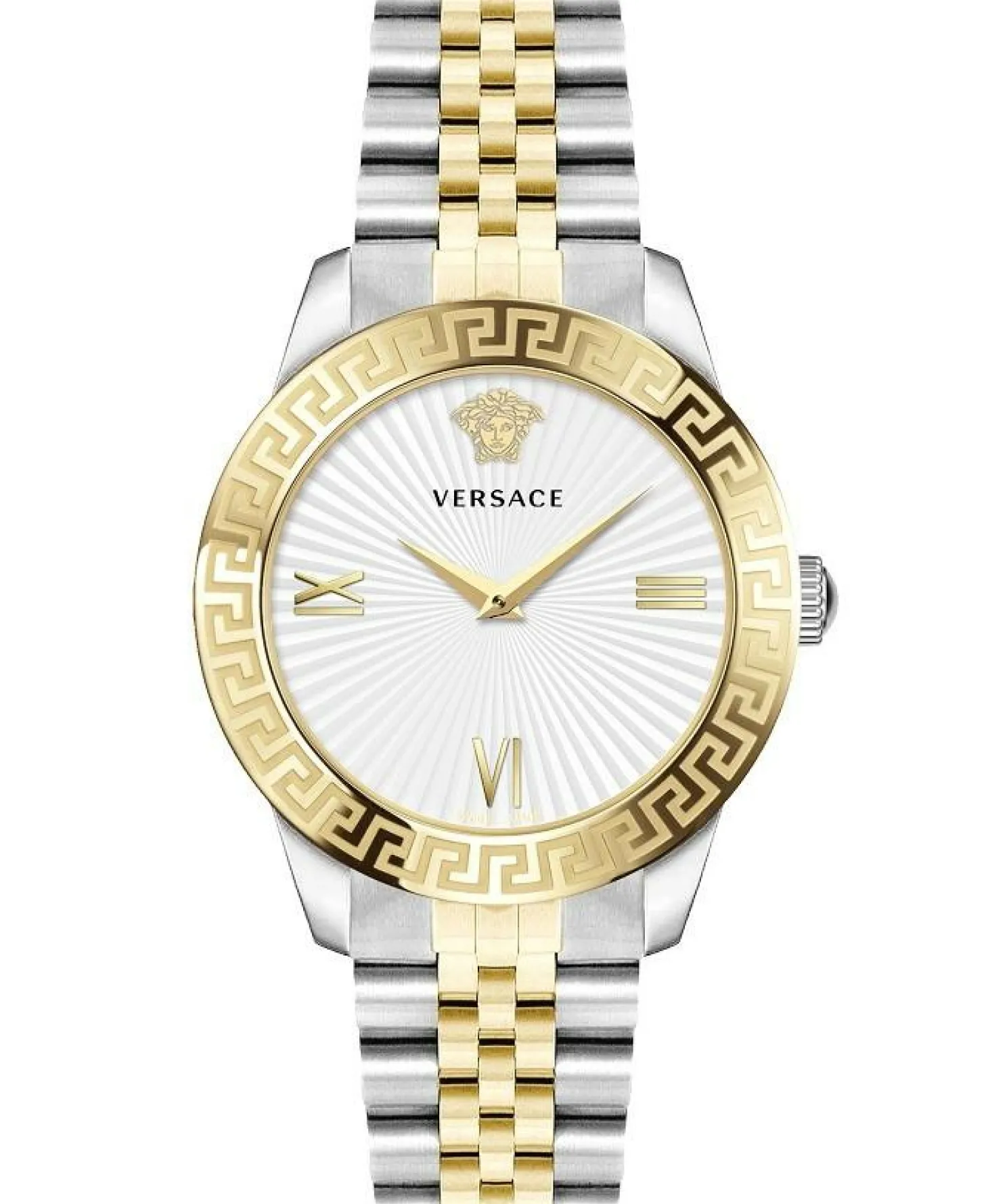 Versace Greca Signature Damenuhr Silber Gold Edelstahl Weiß Zifferblatt 38mm VEVC00519
