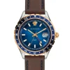 Versace Hellenyium GMT Herrenuhr Braun Leder Gold Silber Edelstahlgehäuse Blaues Zifferblatt 42mm V11080017