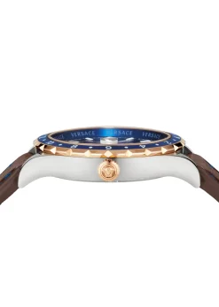 Versace Hellenyium GMT Herrenuhr Braun Leder Gold Silber Edelstahlgehäuse Blaues Zifferblatt 42mm V11080017