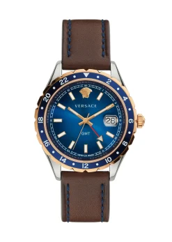 Versace Hellenyium GMT Herrenuhr Braun Leder Gold Silber Edelstahlgehäuse Blaues Zifferblatt 42mm V11080017