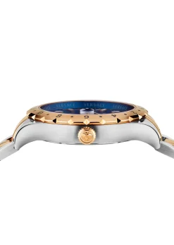 Versace Hellenyium GMT Herrenuhr Gold Silber Gehäuse Blaues Zifferblatt 42mm V11060017