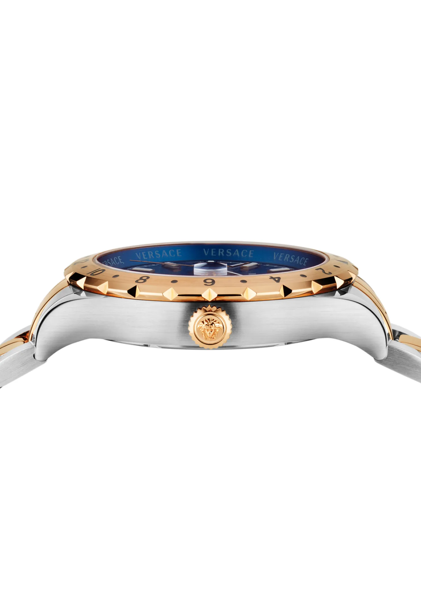 Versace Hellenyium GMT Herrenuhr Gold Silber Gehäuse Blaues Zifferblatt 42mm V11060017