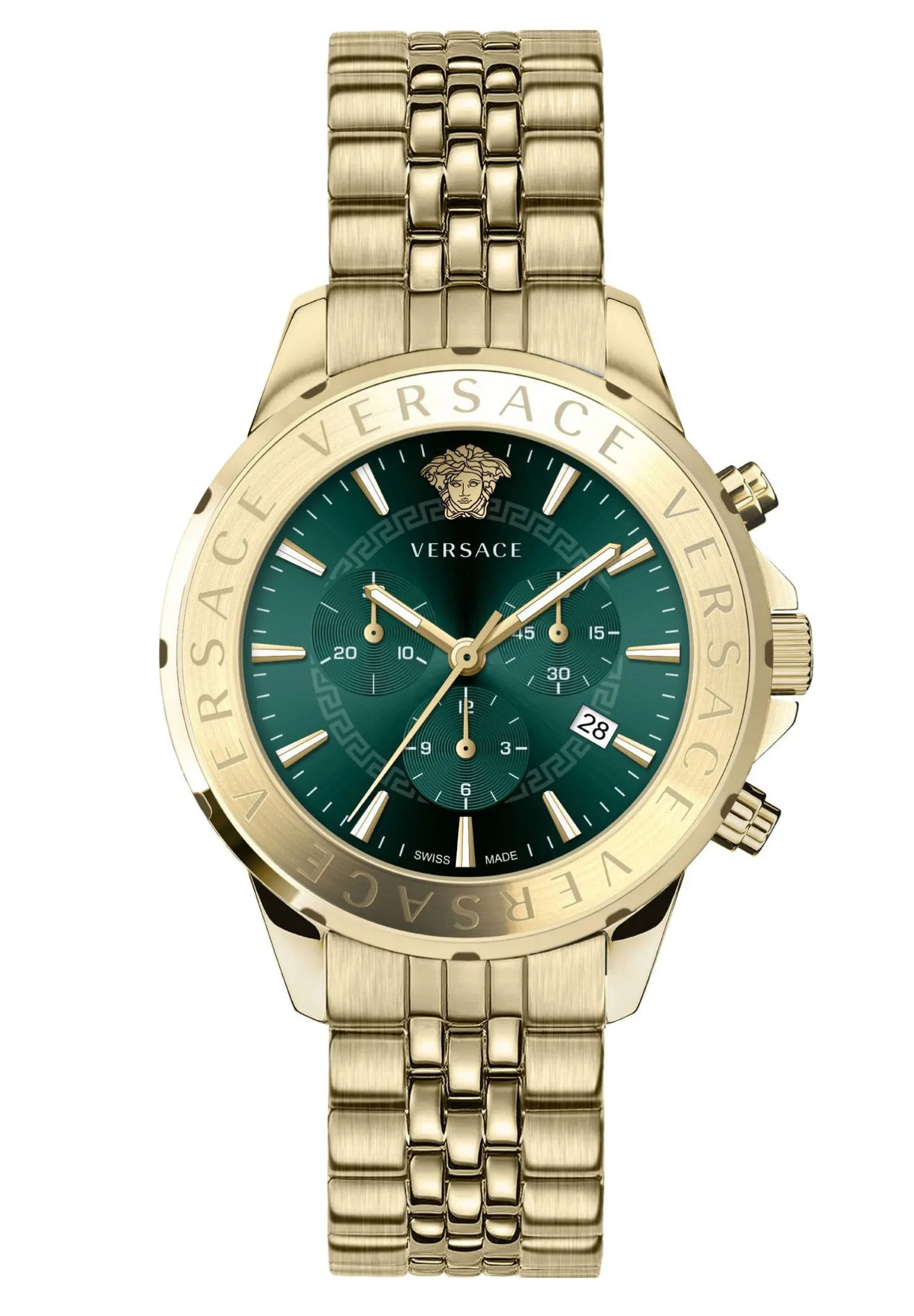 Versace Herren Chronograph Signature Gold Stahl Grün Zifferblatt 44mm VEV600619