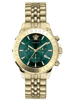 Versace Herren Chronograph Signature Gold Stahl Grün Zifferblatt 44mm VEV600619