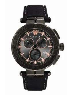 Versace Herren Armbanduhr Greca Chrono 45 mm Datum, Chronograph, Tachymeter Armband Leder VEPM00320