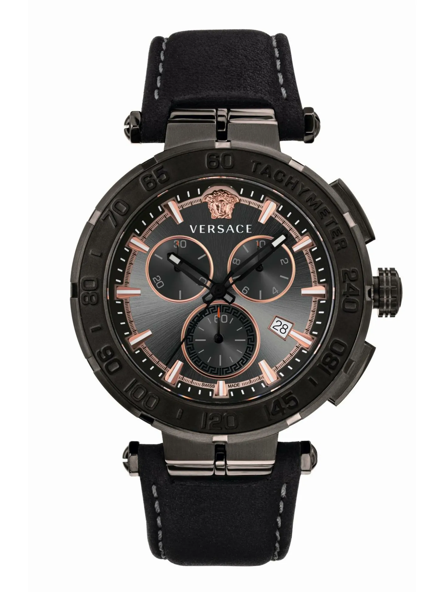 Versace Herren Armbanduhr Greca Chrono 45 mm Datum, Chronograph, Tachymeter Armband Leder VEPM00320